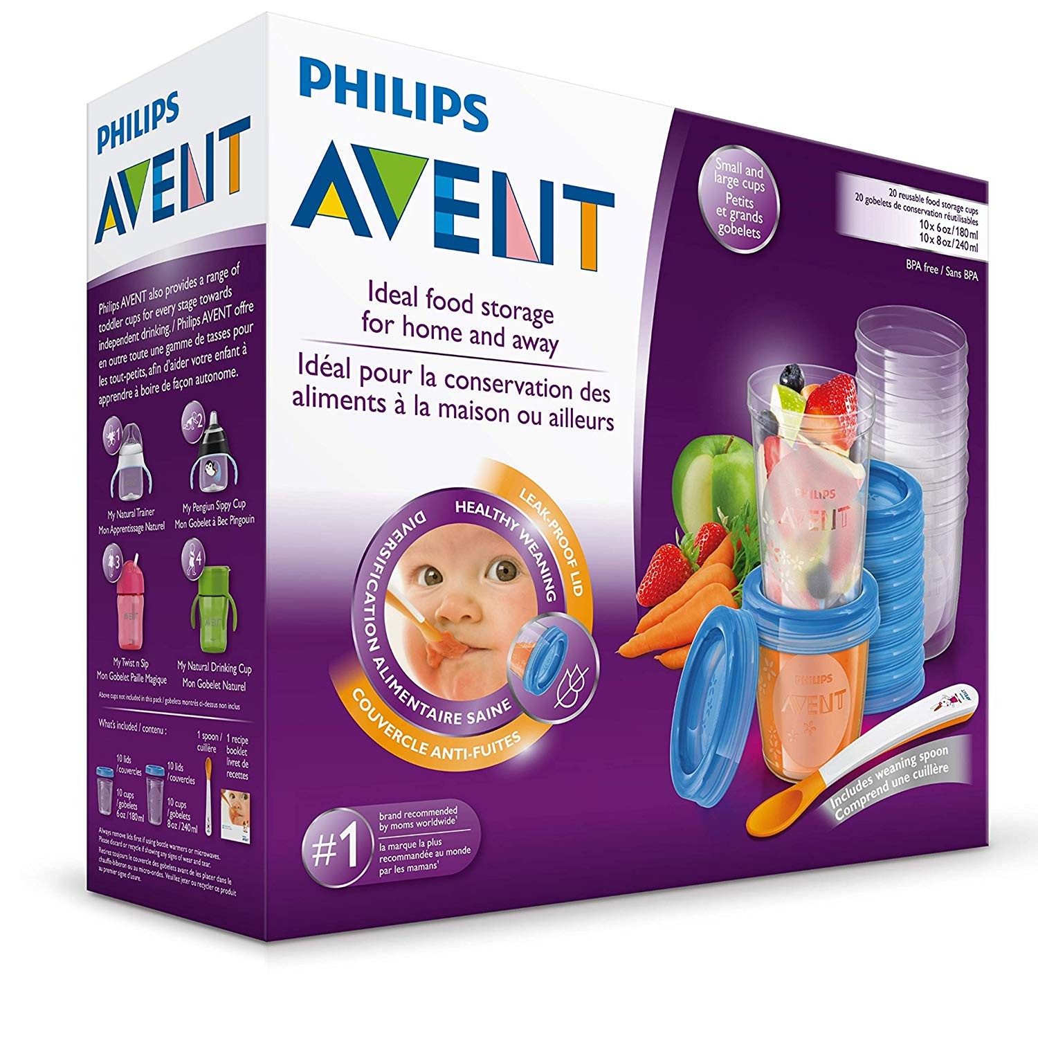 Avent Pots de conservation 10×180 ml et 10×240 ml avec Couvercles associés et Cuillère de Sevrage