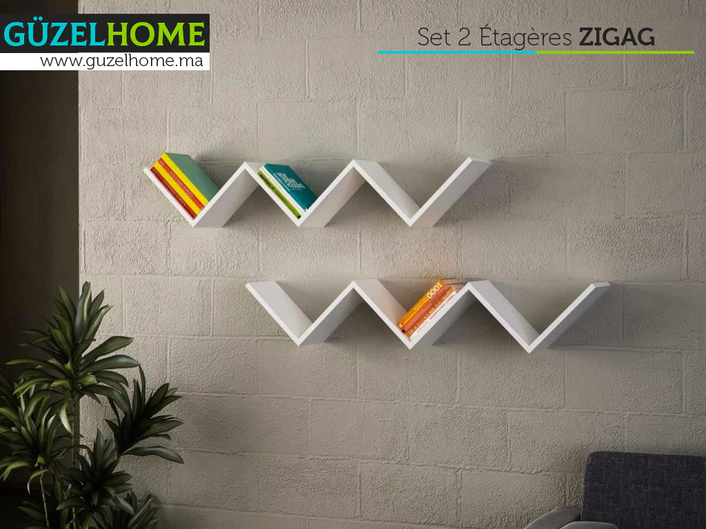 Set de 2 étagères-bibliothèques ZIG-ZAG - Blanc - Rangement mural